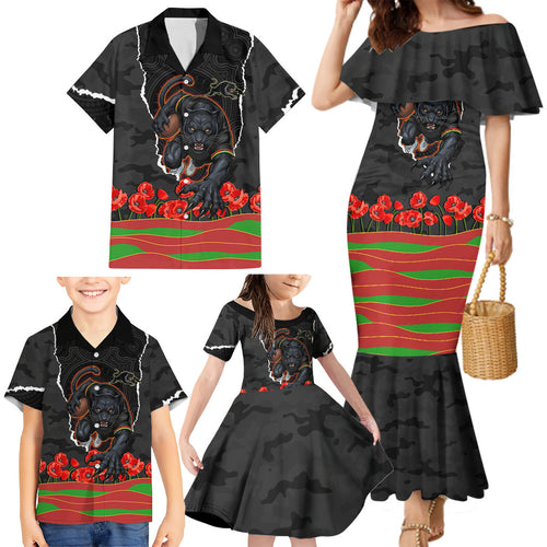 Personalized Penrith Panthers ANZAC Tribute Family Matching Mermaid Dress and Hawaiian Shirt Poppy Field Soldier Silhouette Aboriginal Rugby Mascot