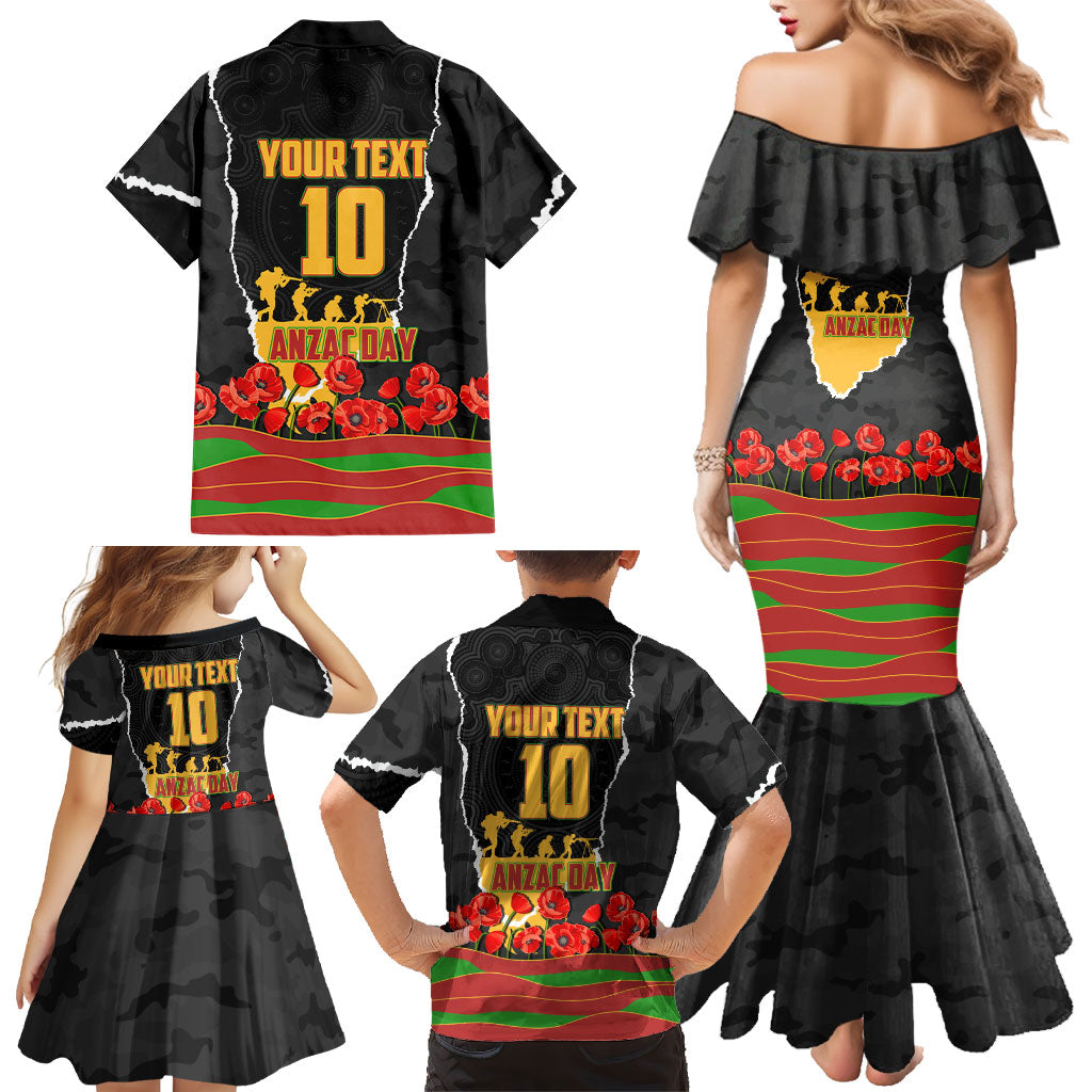 Personalized Penrith Panthers ANZAC Tribute Family Matching Mermaid Dress and Hawaiian Shirt Poppy Field Soldier Silhouette Aboriginal Rugby Mascot