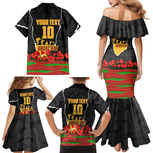 Personalized Penrith Panthers ANZAC Tribute Family Matching Mermaid Dress and Hawaiian Shirt Poppy Field Soldier Silhouette Aboriginal Rugby Mascot
