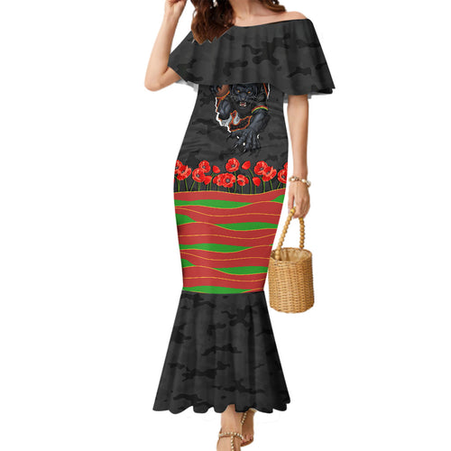 Personalized Penrith Panthers ANZAC Tribute Family Matching Mermaid Dress and Hawaiian Shirt Poppy Field Soldier Silhouette Aboriginal Rugby Mascot