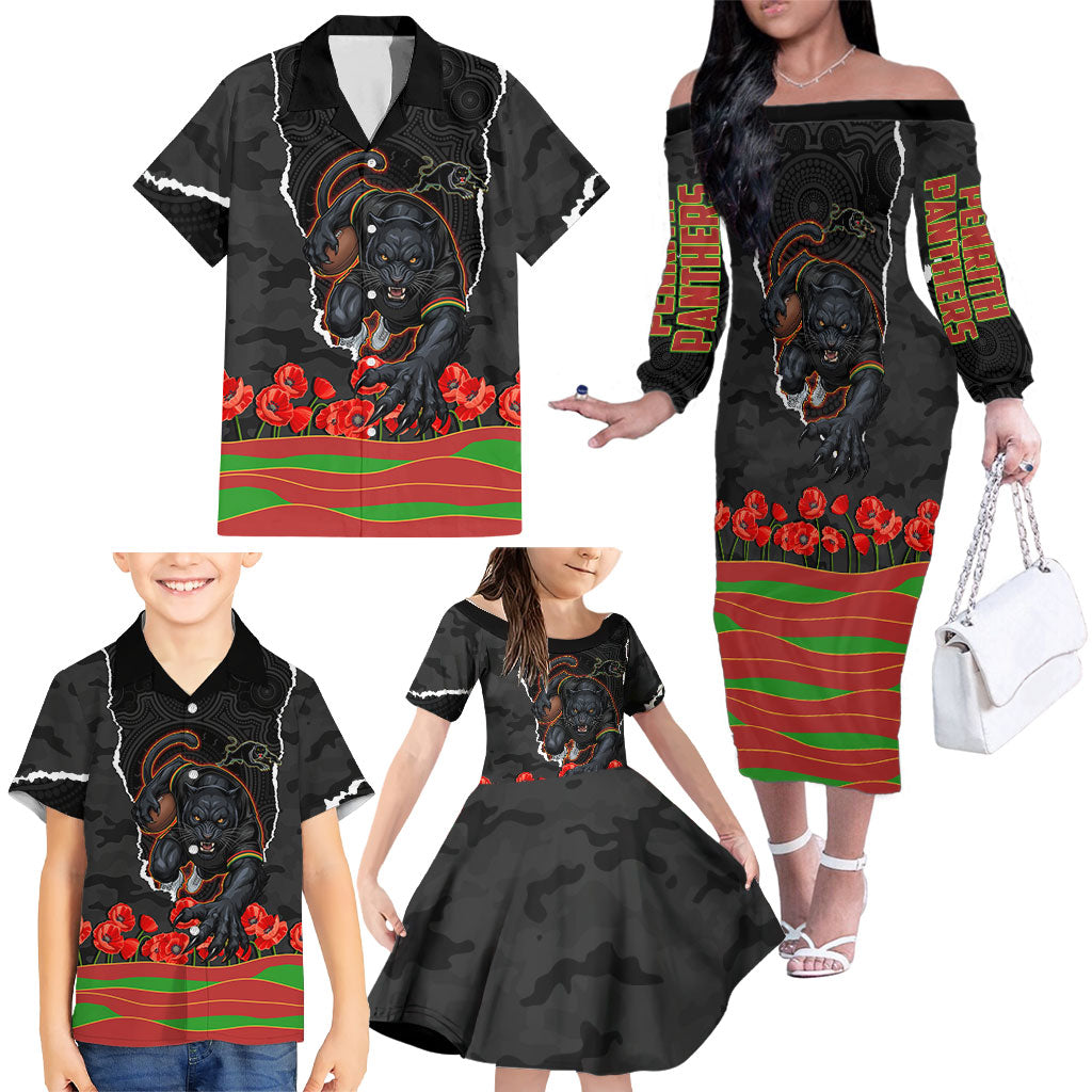 Personalized Penrith Panthers ANZAC Tribute Family Matching Off The Shoulder Long Sleeve Dress and Hawaiian Shirt Poppy Field Soldier Silhouette Aboriginal Rugby Mascot