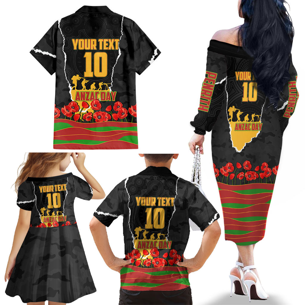 Personalized Penrith Panthers ANZAC Tribute Family Matching Off The Shoulder Long Sleeve Dress and Hawaiian Shirt Poppy Field Soldier Silhouette Aboriginal Rugby Mascot