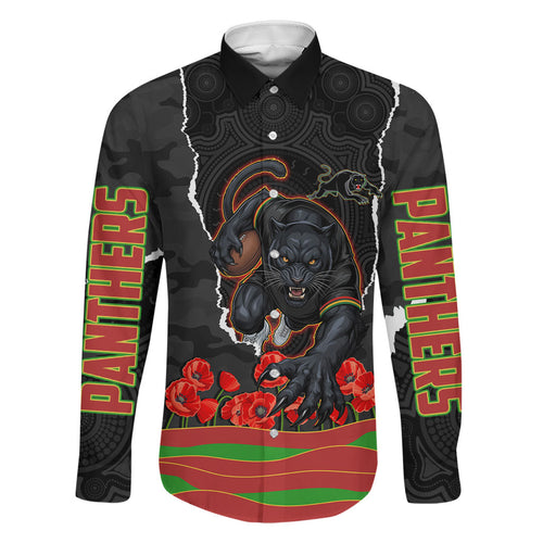 Personalized Penrith Panthers ANZAC Tribute Family Matching Off The Shoulder Long Sleeve Dress and Hawaiian Shirt Poppy Field Soldier Silhouette Aboriginal Rugby Mascot