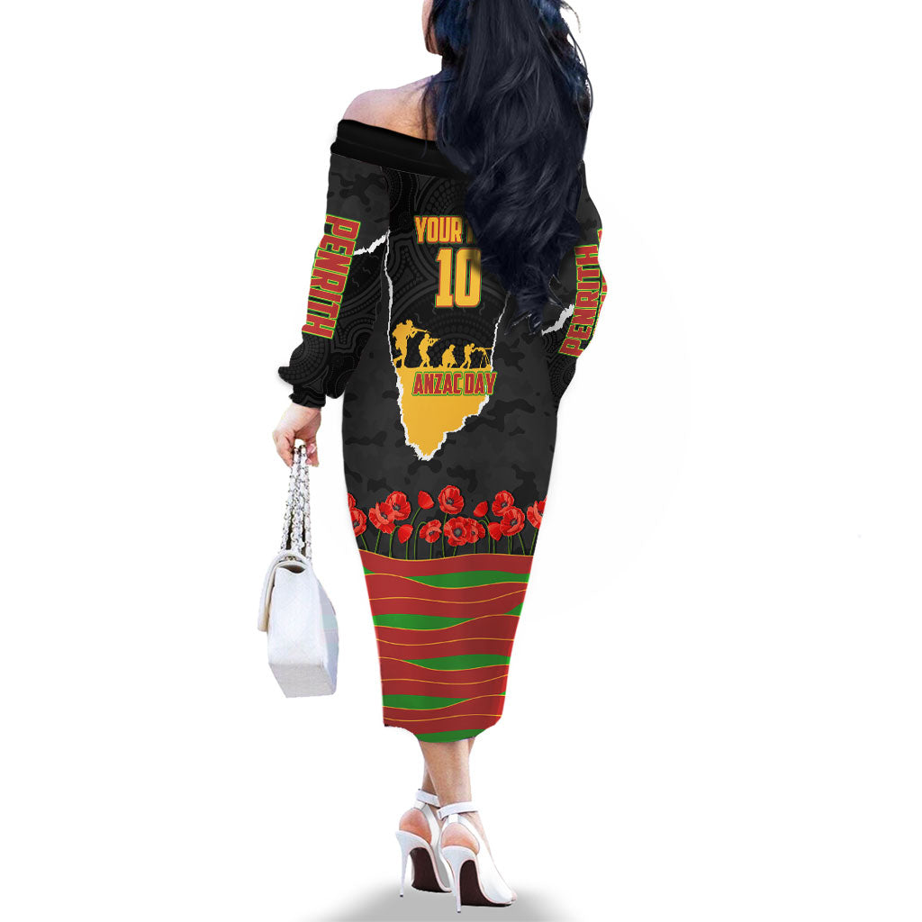 Personalized Penrith Panthers ANZAC Tribute Family Matching Off The Shoulder Long Sleeve Dress and Hawaiian Shirt Poppy Field Soldier Silhouette Aboriginal Rugby Mascot