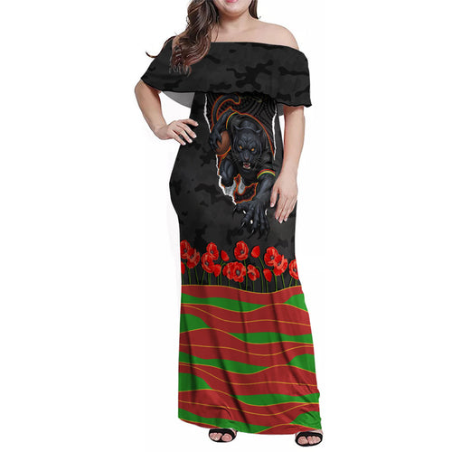 Personalized Penrith Panthers ANZAC Tribute Family Matching Off Shoulder Maxi Dress and Hawaiian Shirt Poppy Field Soldier Silhouette Aboriginal Rugby Mascot
