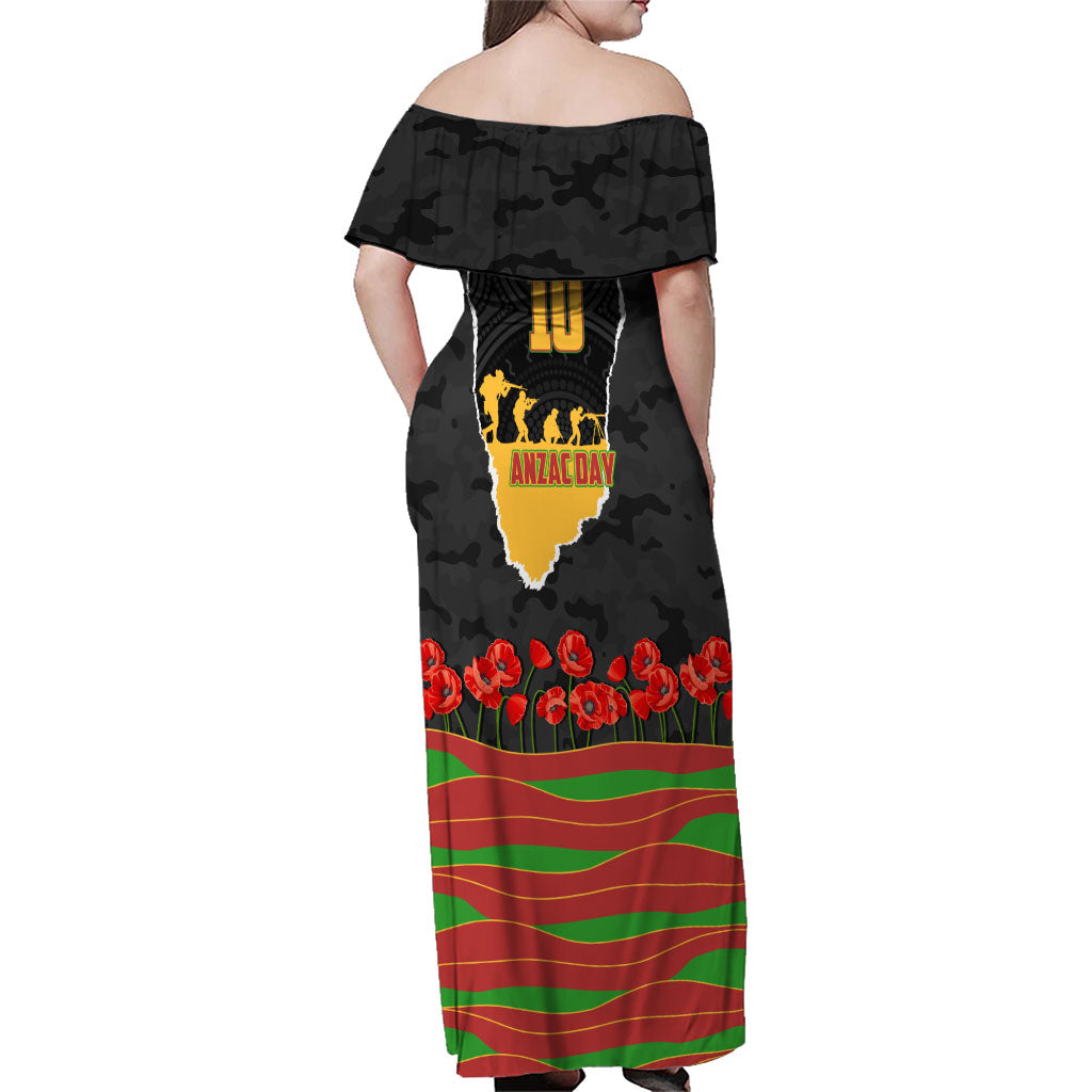 Personalized Penrith Panthers ANZAC Tribute Family Matching Off Shoulder Maxi Dress and Hawaiian Shirt Poppy Field Soldier Silhouette Aboriginal Rugby Mascot