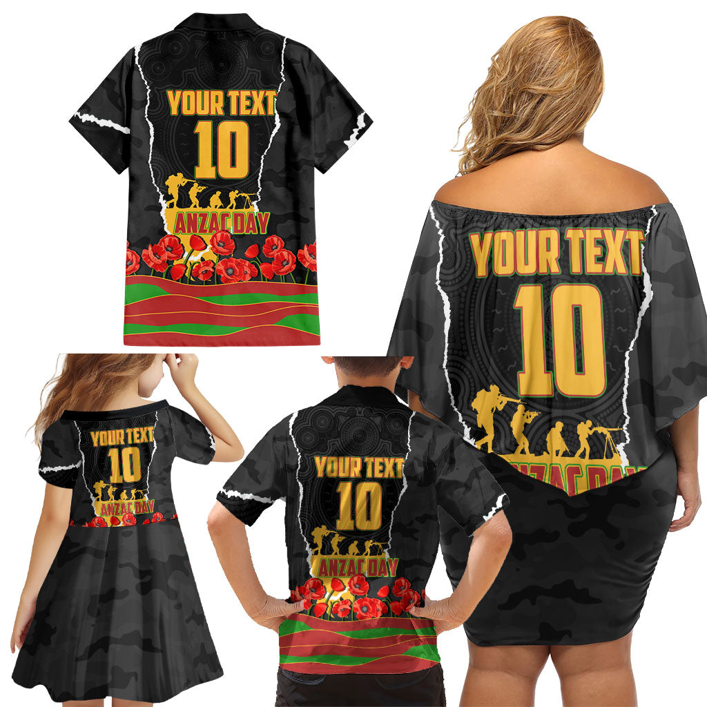 Personalized Penrith Panthers ANZAC Tribute Family Matching Off Shoulder Short Dress and Hawaiian Shirt Poppy Field Soldier Silhouette Aboriginal Rugby Mascot