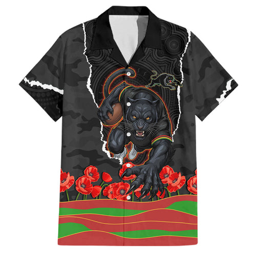 Personalized Penrith Panthers ANZAC Tribute Family Matching Puletasi and Hawaiian Shirt Poppy Field Soldier Silhouette Aboriginal Rugby Mascot