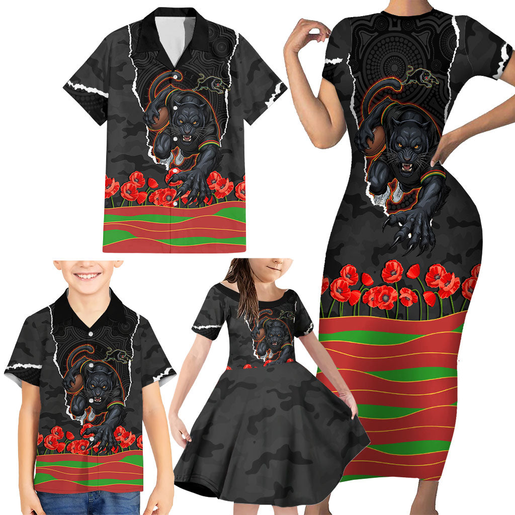 Personalized Penrith Panthers ANZAC Tribute Family Matching Short Sleeve Bodycon Dress and Hawaiian Shirt Poppy Field Soldier Silhouette Aboriginal Rugby Mascot