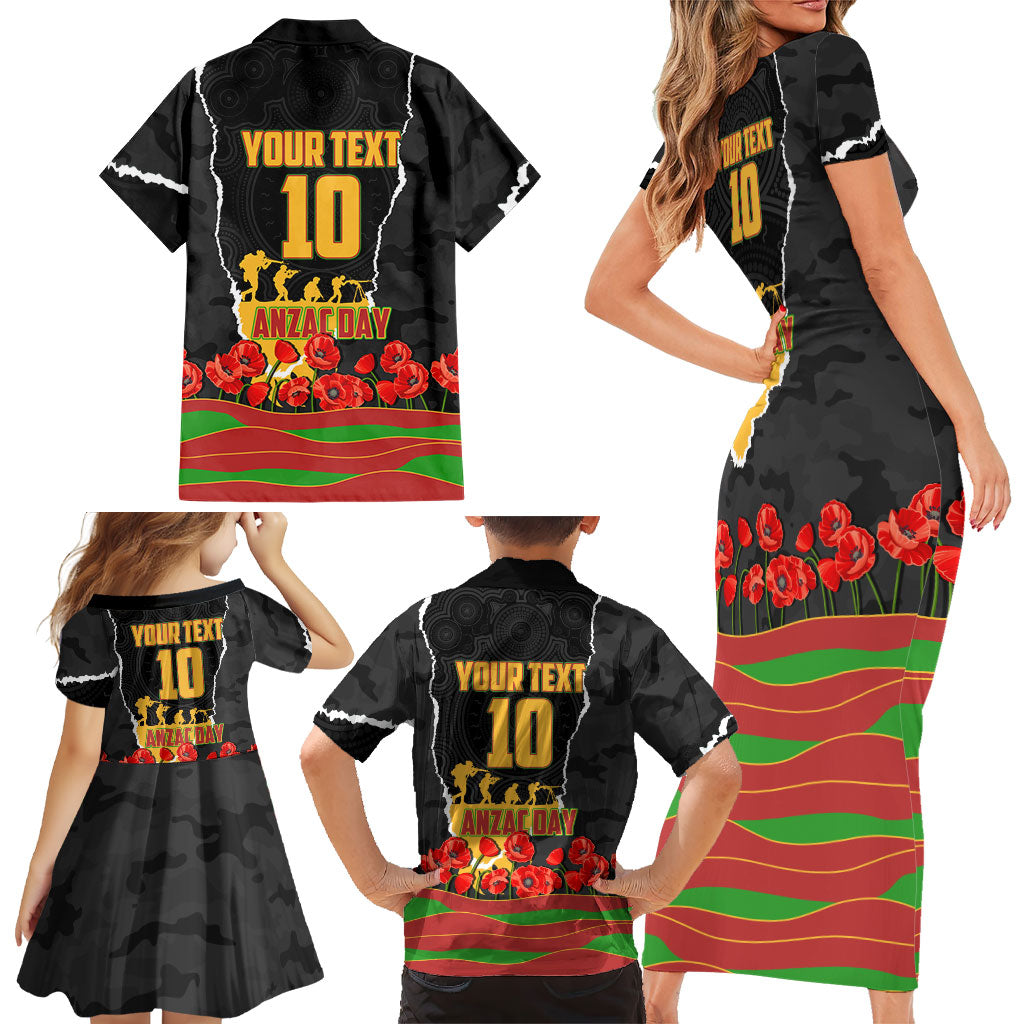 Personalized Penrith Panthers ANZAC Tribute Family Matching Short Sleeve Bodycon Dress and Hawaiian Shirt Poppy Field Soldier Silhouette Aboriginal Rugby Mascot