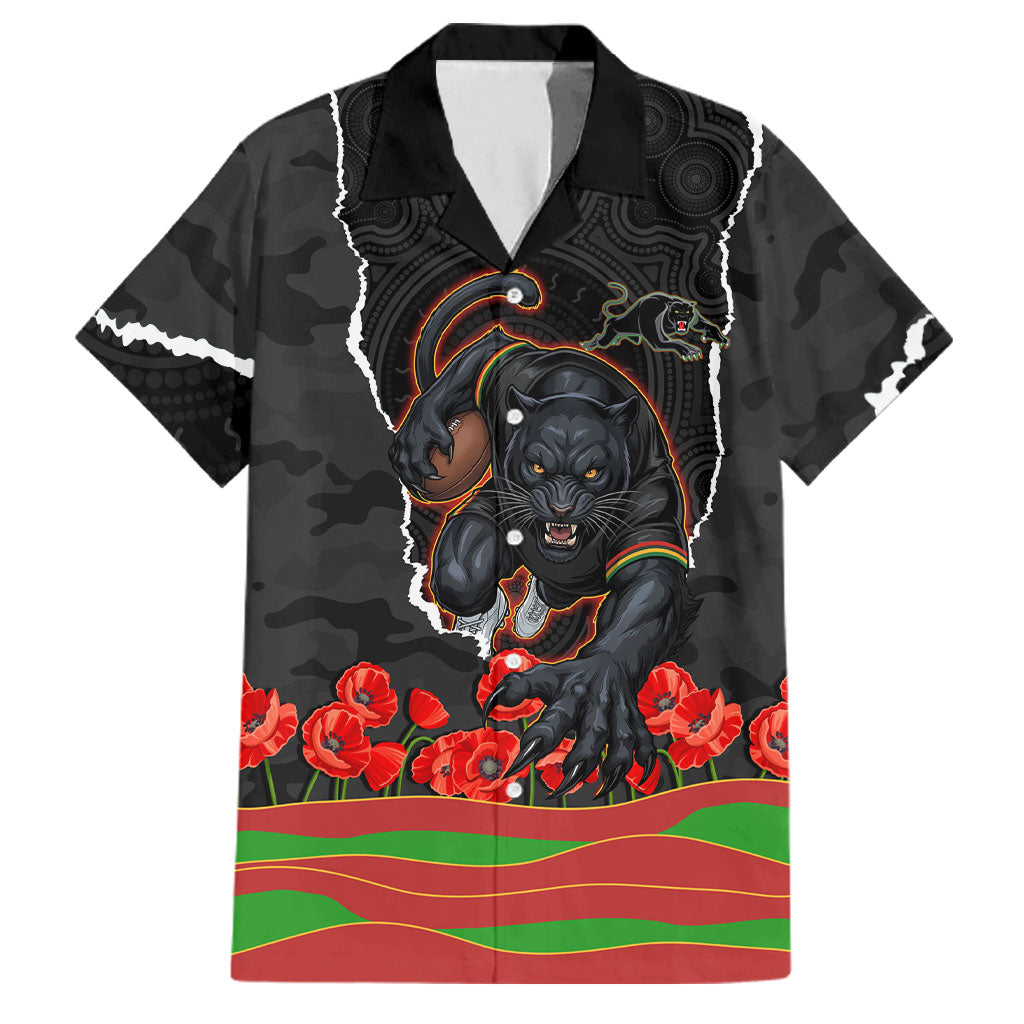 Personalized Penrith Panthers ANZAC Tribute Family Matching Short Sleeve Bodycon Dress and Hawaiian Shirt Poppy Field Soldier Silhouette Aboriginal Rugby Mascot