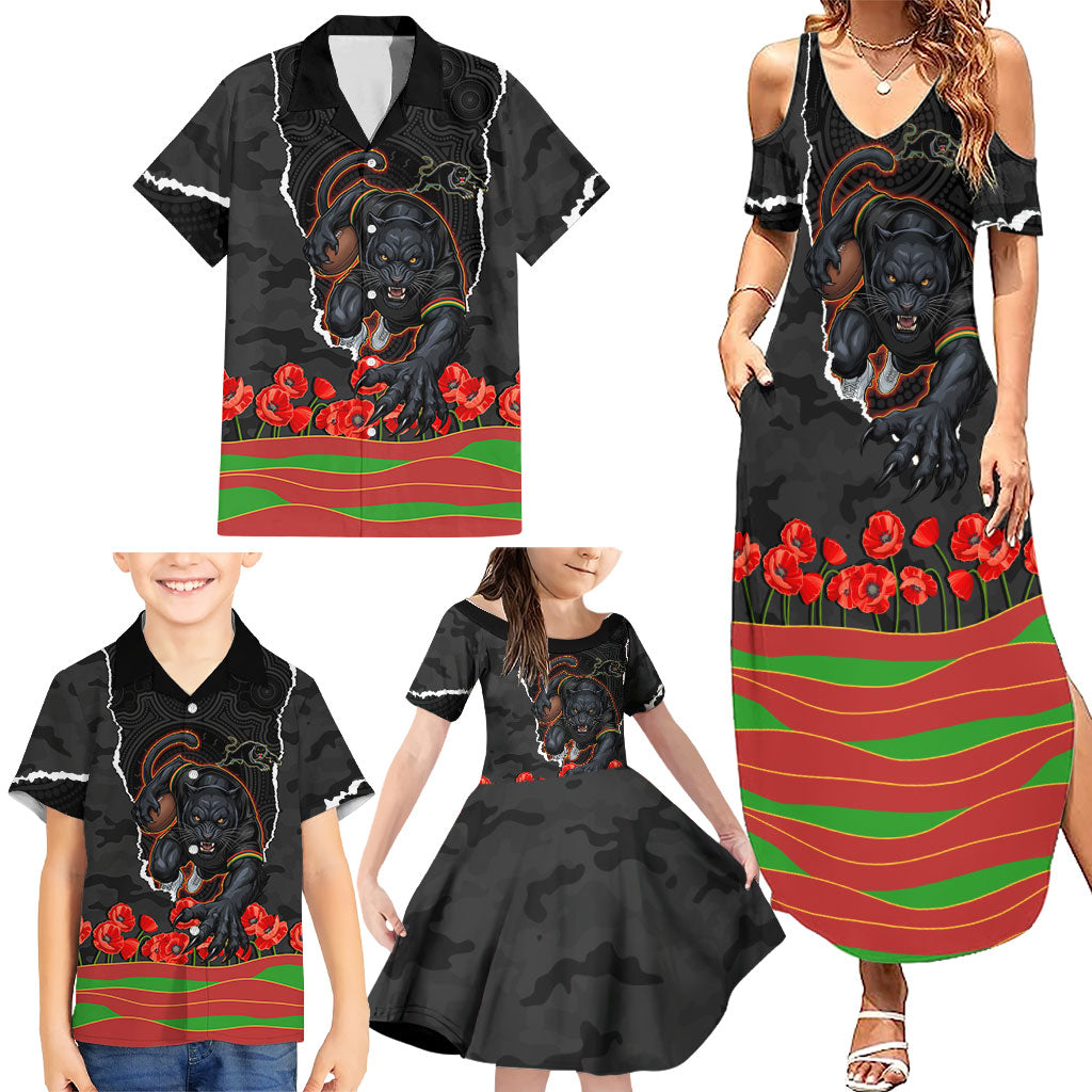 Personalized Penrith Panthers ANZAC Tribute Family Matching Summer Maxi Dress and Hawaiian Shirt Poppy Field Soldier Silhouette Aboriginal Rugby Mascot