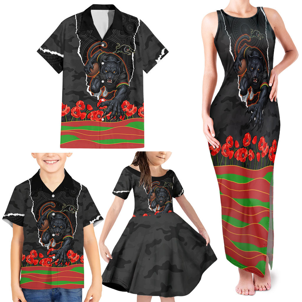 Personalized Penrith Panthers ANZAC Tribute Family Matching Tank Maxi Dress and Hawaiian Shirt Poppy Field Soldier Silhouette Aboriginal Rugby Mascot
