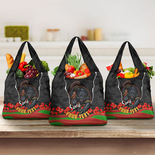 Personalized Penrith Panthers ANZAC Tribute Grocery Bag Poppy Field Soldier Silhouette Aboriginal Rugby Mascot