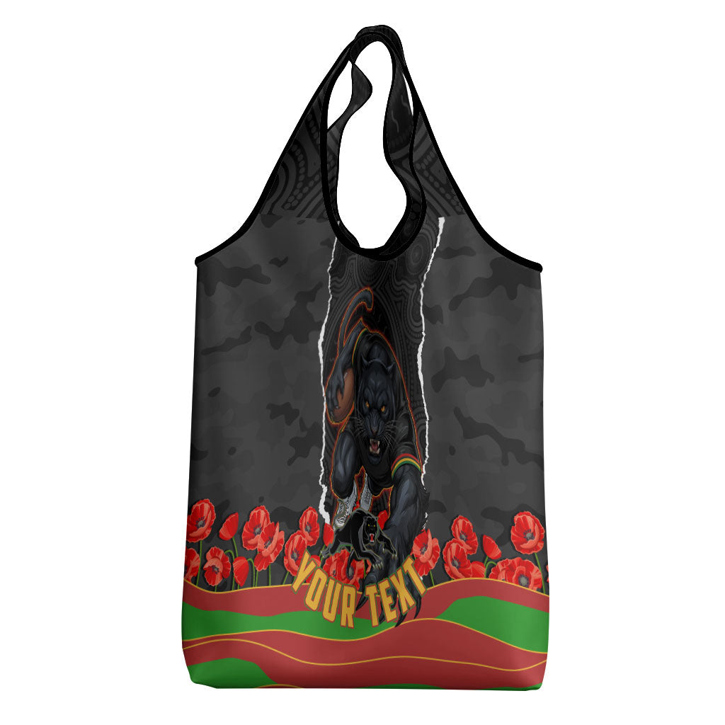 Personalized Penrith Panthers ANZAC Tribute Grocery Bag Poppy Field Soldier Silhouette Aboriginal Rugby Mascot