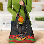 Personalized Penrith Panthers ANZAC Tribute Grocery Bag Poppy Field Soldier Silhouette Aboriginal Rugby Mascot