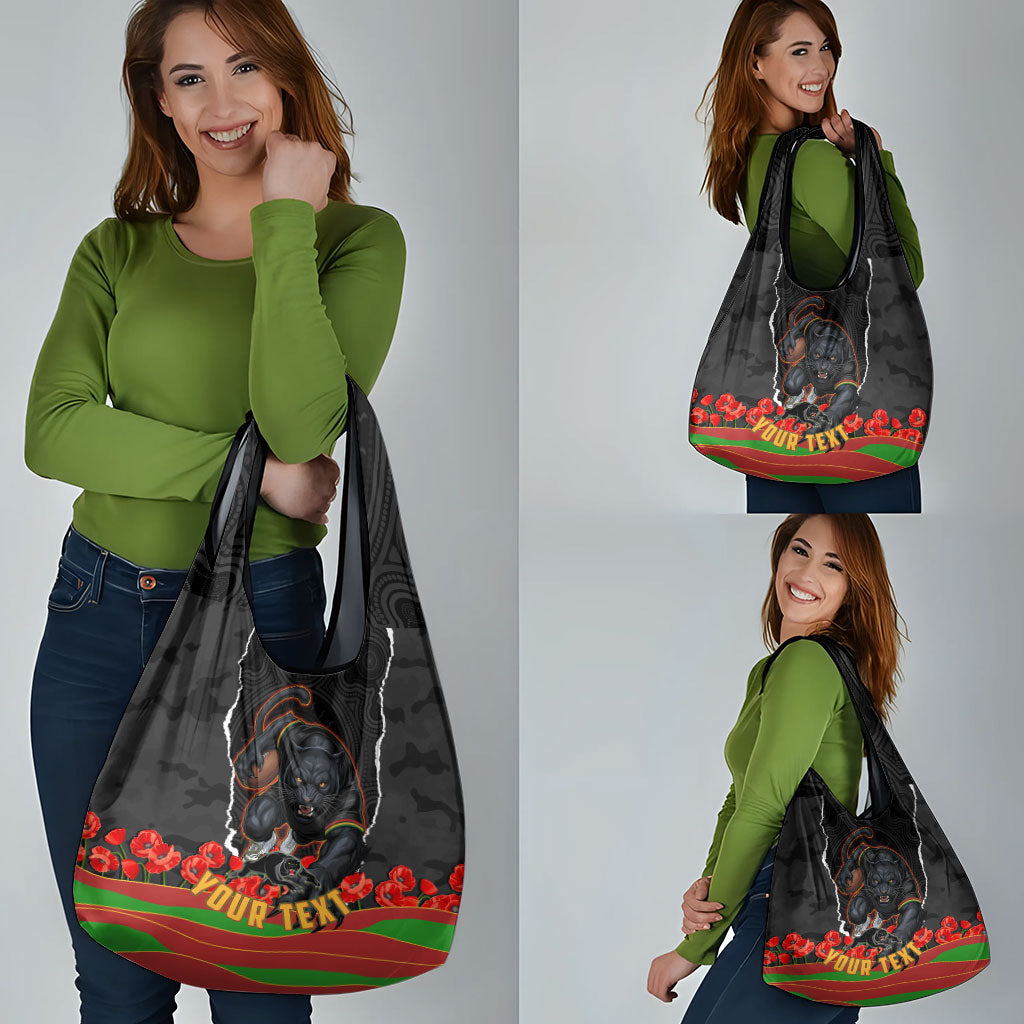 Personalized Penrith Panthers ANZAC Tribute Grocery Bag Poppy Field Soldier Silhouette Aboriginal Rugby Mascot