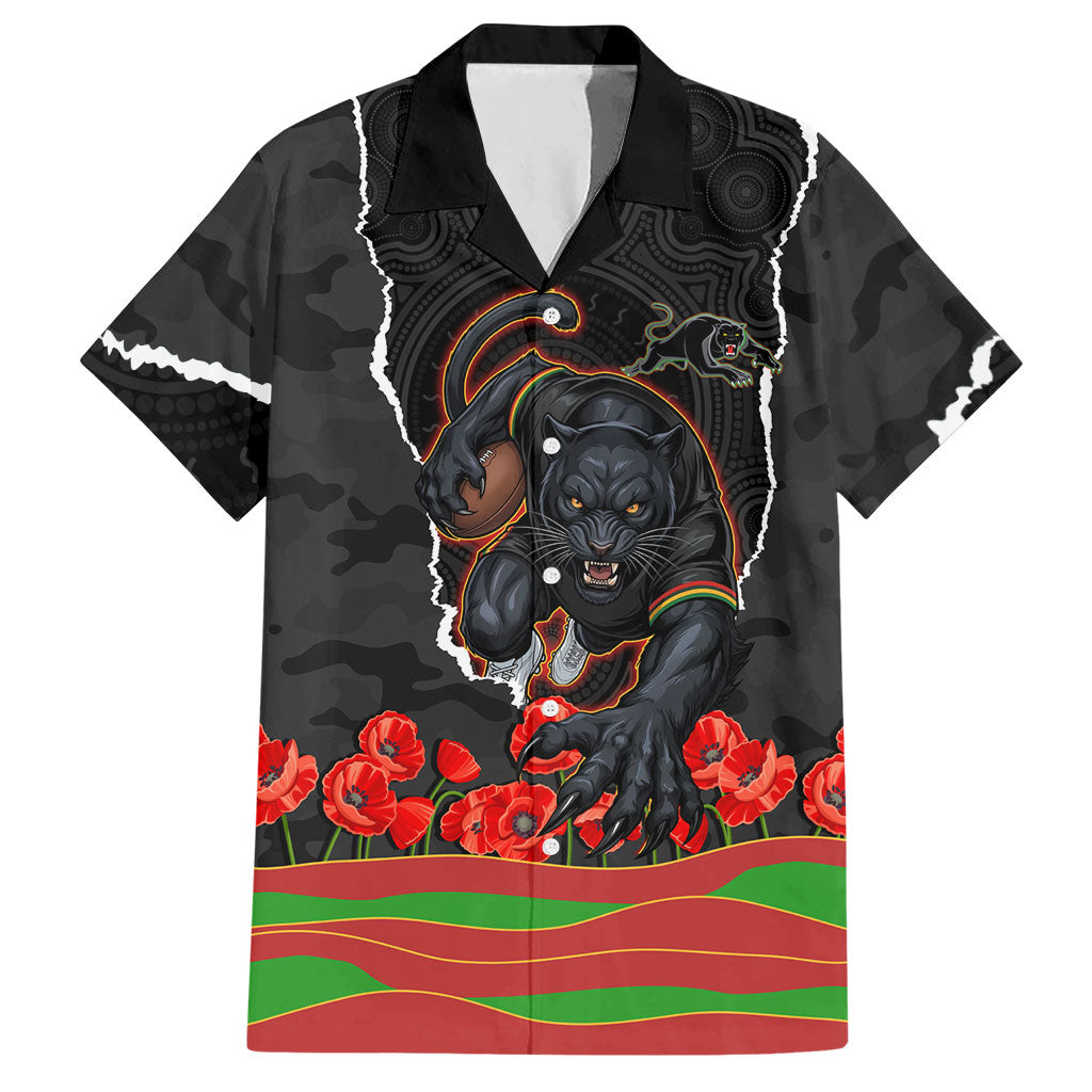 Personalized Penrith Panthers ANZAC Tribute Hawaiian Shirt Poppy Field Soldier Silhouette Aboriginal Rugby Mascot