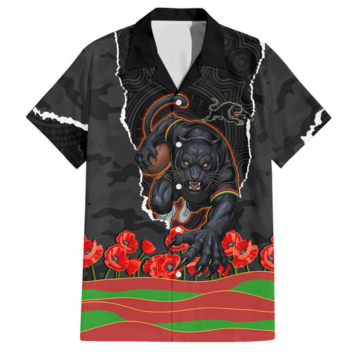 Personalized Penrith Panthers ANZAC Tribute Hawaiian Shirt Poppy Field Soldier Silhouette Aboriginal Rugby Mascot