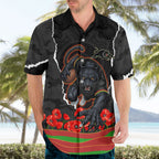 Personalized Penrith Panthers ANZAC Tribute Hawaiian Shirt Poppy Field Soldier Silhouette Aboriginal Rugby Mascot