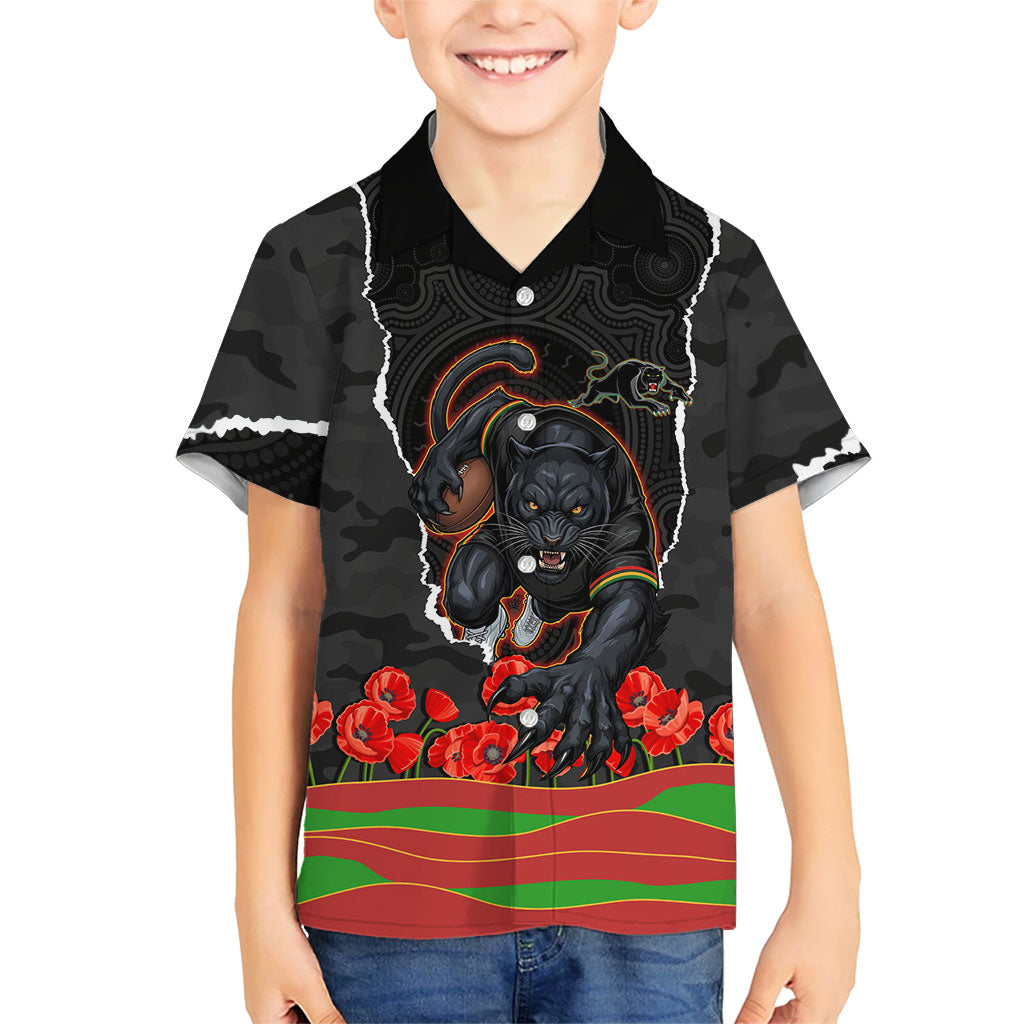 Personalized Penrith Panthers ANZAC Tribute Hawaiian Shirt Poppy Field Soldier Silhouette Aboriginal Rugby Mascot