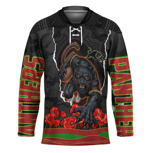 Personalized Penrith Panthers ANZAC Tribute Hockey Jersey Poppy Field Soldier Silhouette Aboriginal Rugby Mascot
