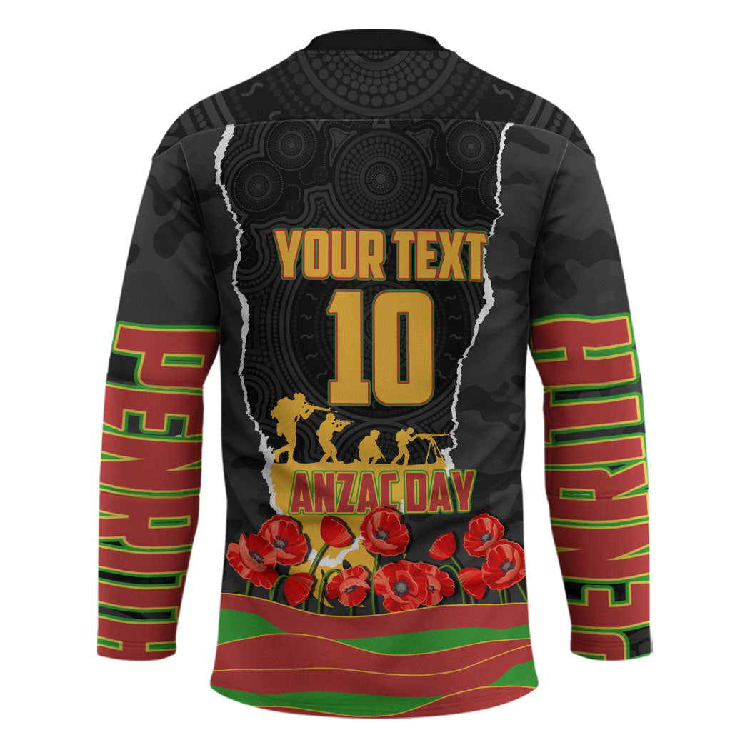 Personalized Penrith Panthers ANZAC Tribute Hockey Jersey Poppy Field Soldier Silhouette Aboriginal Rugby Mascot