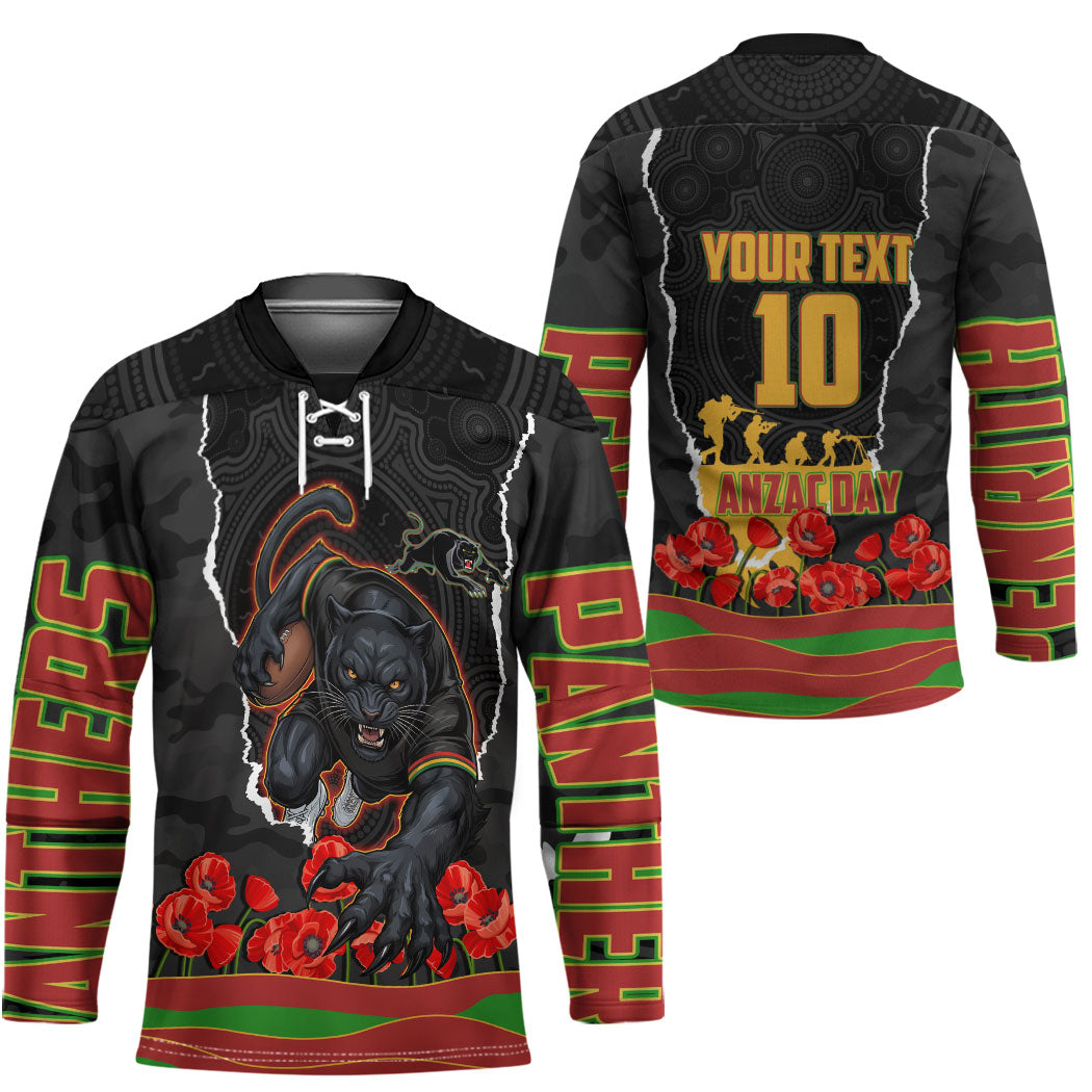 Personalized Penrith Panthers ANZAC Tribute Hockey Jersey Poppy Field Soldier Silhouette Aboriginal Rugby Mascot