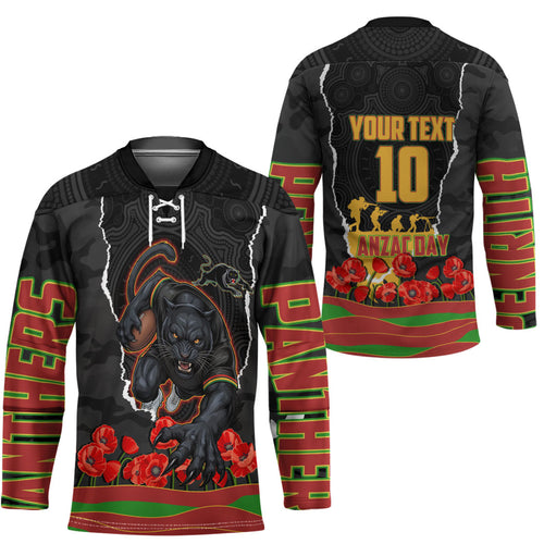 Personalized Penrith Panthers ANZAC Tribute Hockey Jersey Poppy Field Soldier Silhouette Aboriginal Rugby Mascot