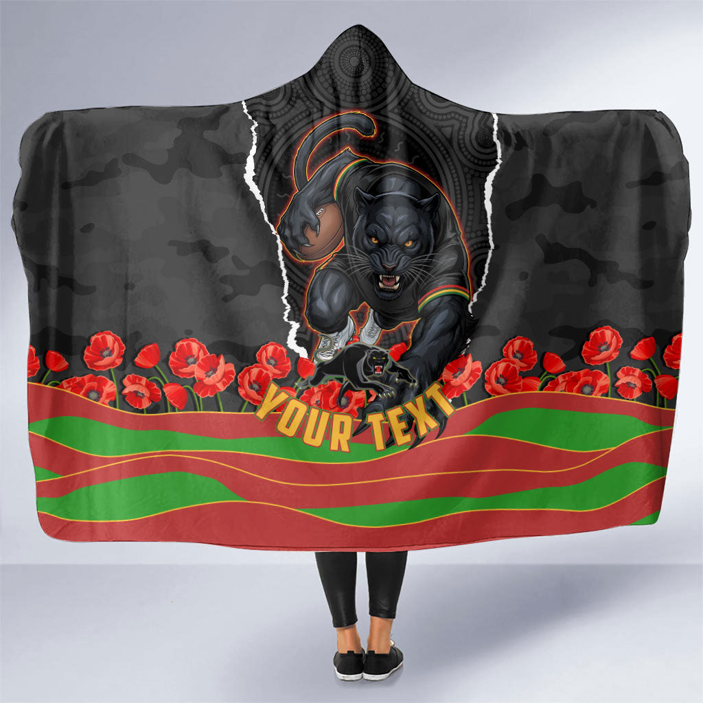 Personalized Penrith Panthers ANZAC Tribute Hooded Blanket Poppy Field Soldier Silhouette Aboriginal Rugby Mascot