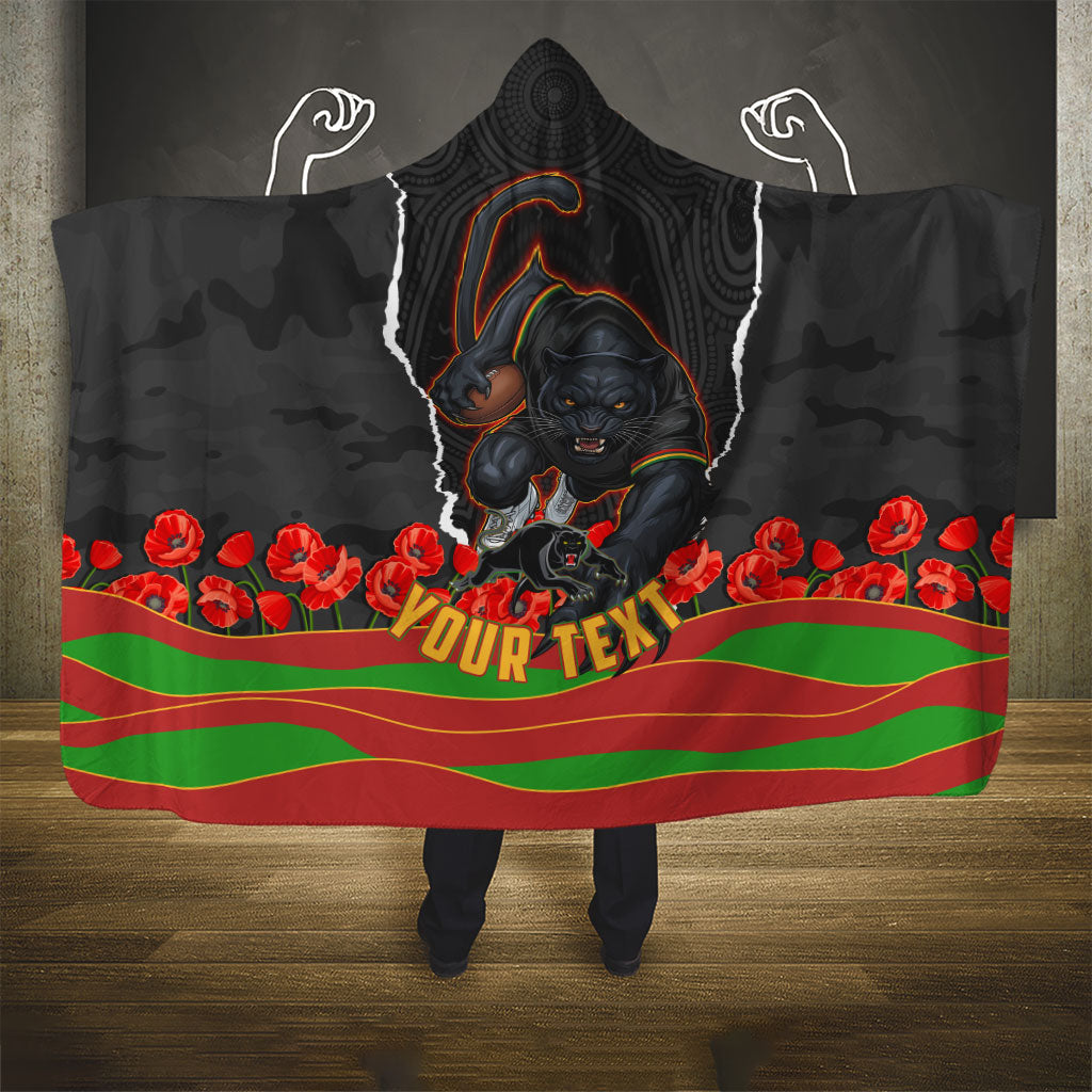 Personalized Penrith Panthers ANZAC Tribute Hooded Blanket Poppy Field Soldier Silhouette Aboriginal Rugby Mascot