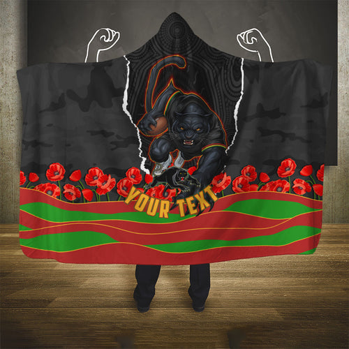 Personalized Penrith Panthers ANZAC Tribute Hooded Blanket Poppy Field Soldier Silhouette Aboriginal Rugby Mascot
