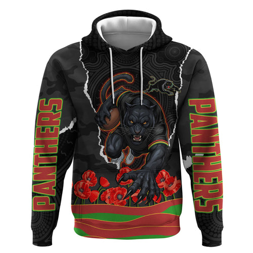 Personalized Penrith Panthers ANZAC Tribute Hoodie Poppy Field Soldier Silhouette Aboriginal Rugby Mascot