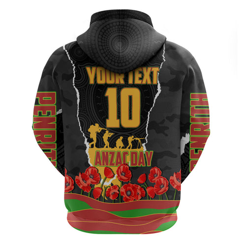 Personalized Penrith Panthers ANZAC Tribute Hoodie Poppy Field Soldier Silhouette Aboriginal Rugby Mascot