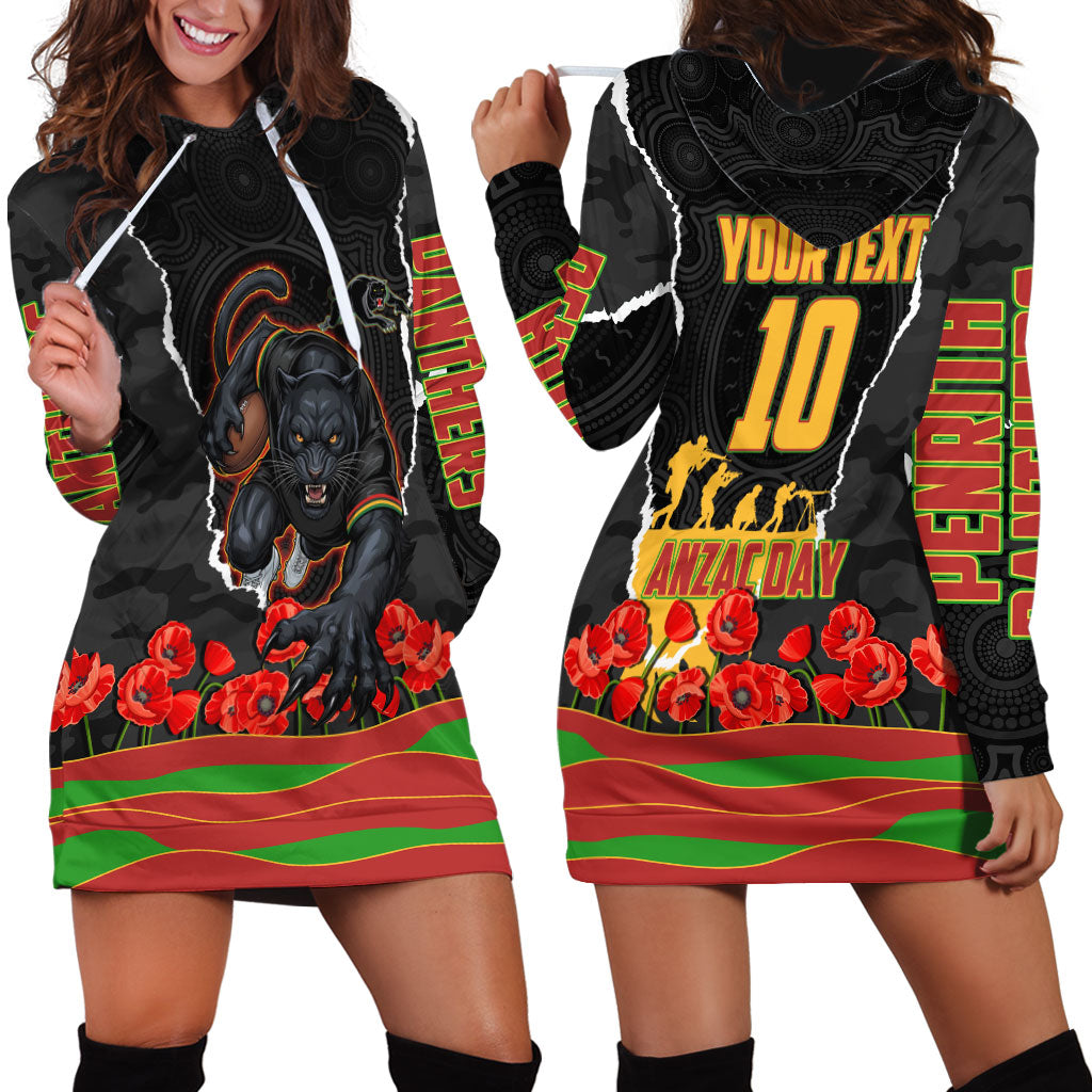 Personalized Penrith Panthers ANZAC Tribute Hoodie Dress Poppy Field Soldier Silhouette Aboriginal Rugby Mascot
