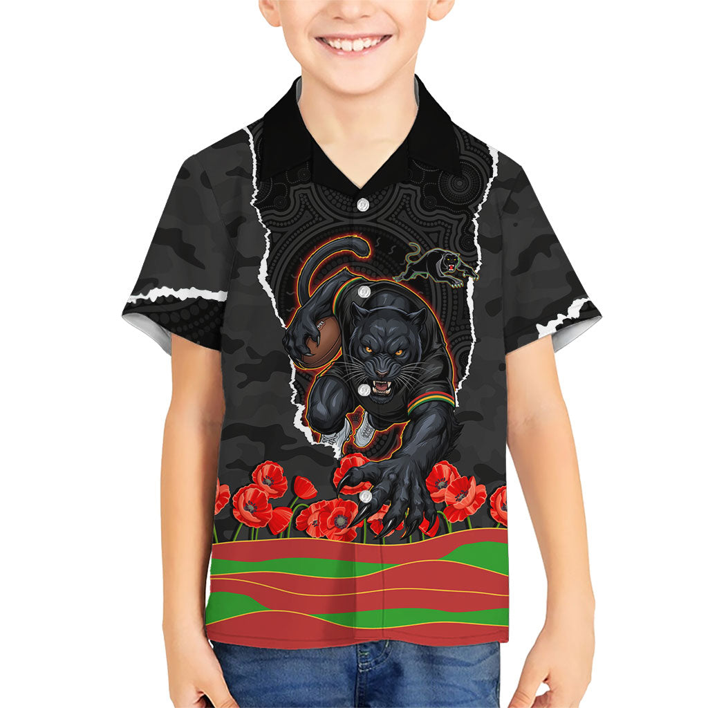 Personalized Penrith Panthers ANZAC Tribute Kid Hawaiian Shirt Poppy Field Soldier Silhouette Aboriginal Rugby Mascot