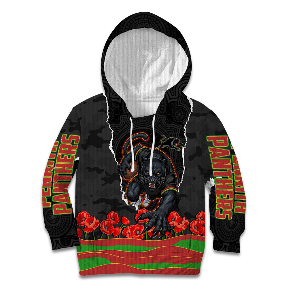 Personalized Penrith Panthers ANZAC Tribute Kid Hoodie Poppy Field Soldier Silhouette Aboriginal Rugby Mascot