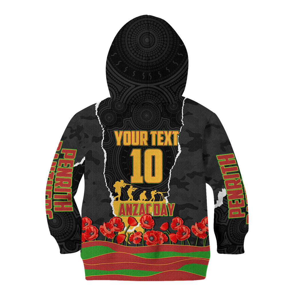 Personalized Penrith Panthers ANZAC Tribute Kid Hoodie Poppy Field Soldier Silhouette Aboriginal Rugby Mascot
