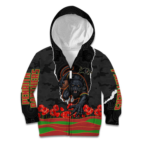 Personalized Penrith Panthers ANZAC Tribute Kid Hoodie Poppy Field Soldier Silhouette Aboriginal Rugby Mascot