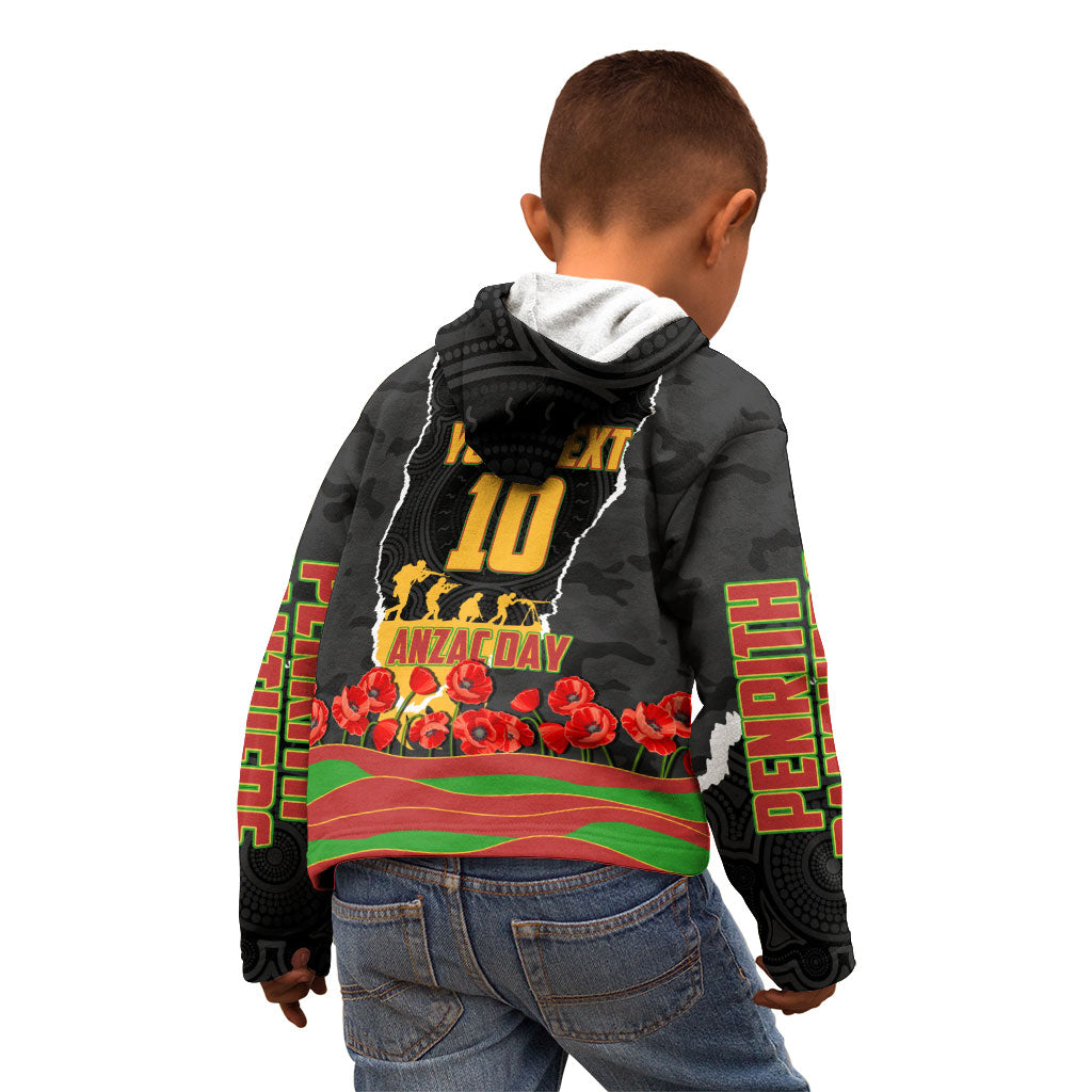 Personalized Penrith Panthers ANZAC Tribute Kid Hoodie Poppy Field Soldier Silhouette Aboriginal Rugby Mascot