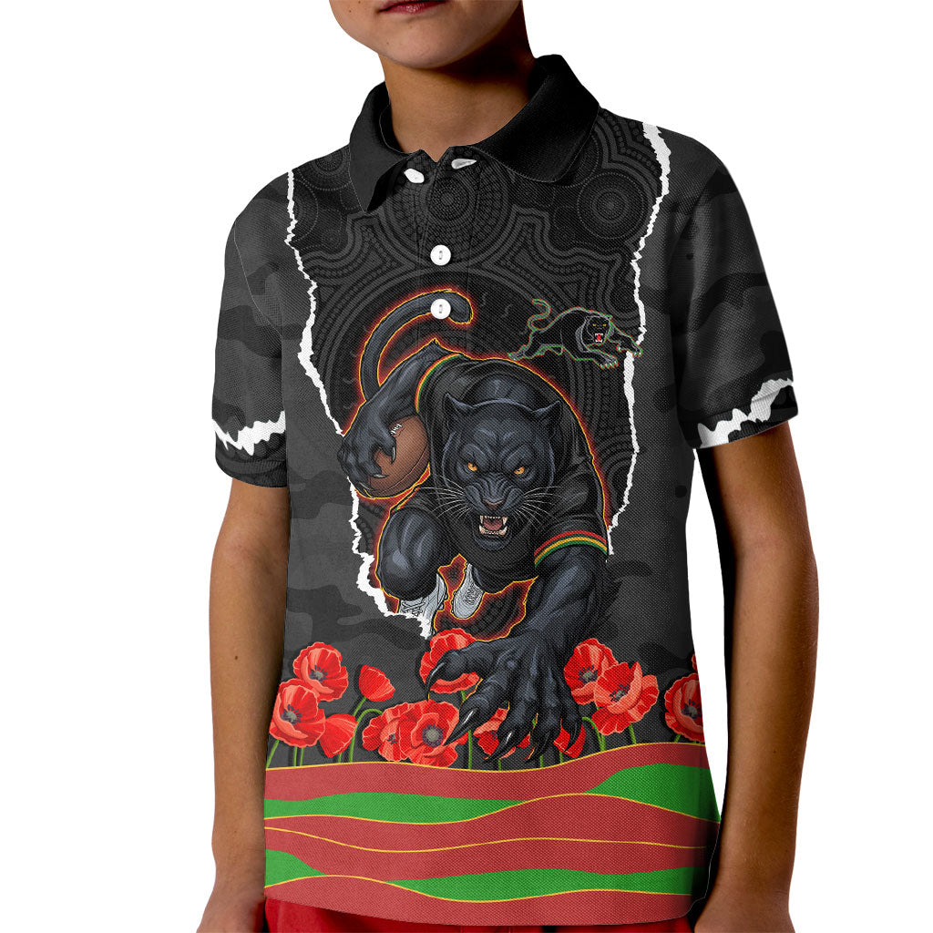 Personalized Penrith Panthers ANZAC Tribute Kid Polo Shirt Poppy Field Soldier Silhouette Aboriginal Rugby Mascot