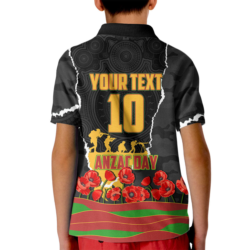 Personalized Penrith Panthers ANZAC Tribute Kid Polo Shirt Poppy Field Soldier Silhouette Aboriginal Rugby Mascot