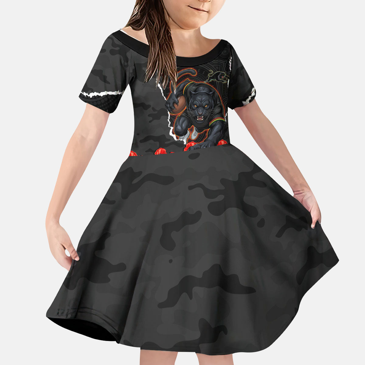 Personalized Penrith Panthers ANZAC Tribute Kid Short Sleeve Dress Poppy Field Soldier Silhouette Aboriginal Rugby Mascot