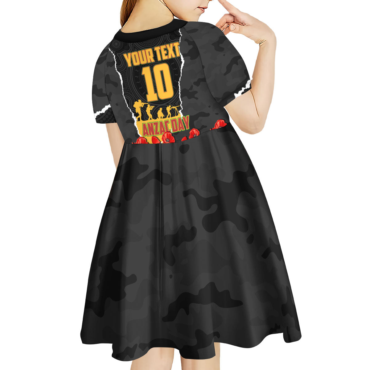 Personalized Penrith Panthers ANZAC Tribute Kid Short Sleeve Dress Poppy Field Soldier Silhouette Aboriginal Rugby Mascot