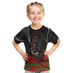 Personalized Penrith Panthers ANZAC Tribute Kid T Shirt Poppy Field Soldier Silhouette Aboriginal Rugby Mascot