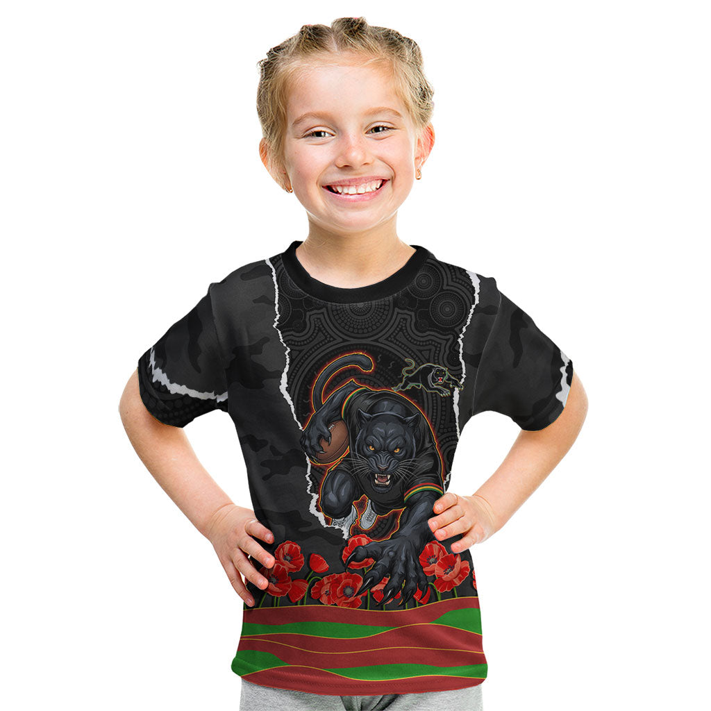 Personalized Penrith Panthers ANZAC Tribute Kid T Shirt Poppy Field Soldier Silhouette Aboriginal Rugby Mascot