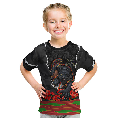 Personalized Penrith Panthers ANZAC Tribute Kid T Shirt Poppy Field Soldier Silhouette Aboriginal Rugby Mascot