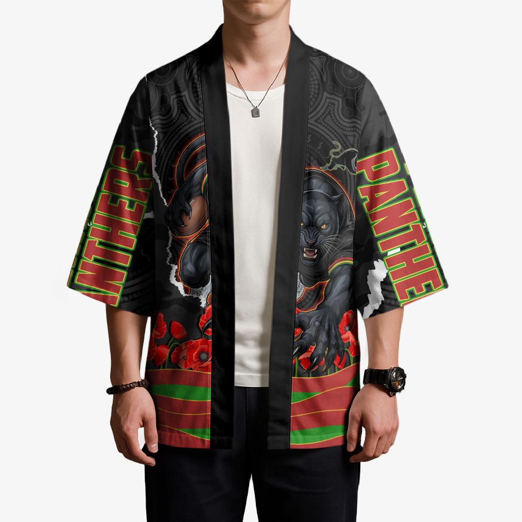 Personalized Penrith Panthers ANZAC Tribute Kimono Poppy Field Soldier Silhouette Aboriginal Rugby Mascot