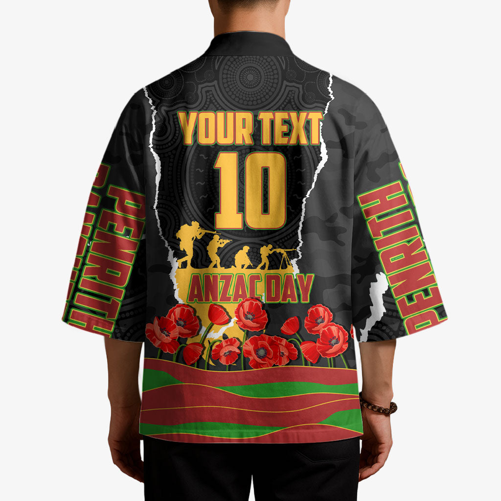 Personalized Penrith Panthers ANZAC Tribute Kimono Poppy Field Soldier Silhouette Aboriginal Rugby Mascot