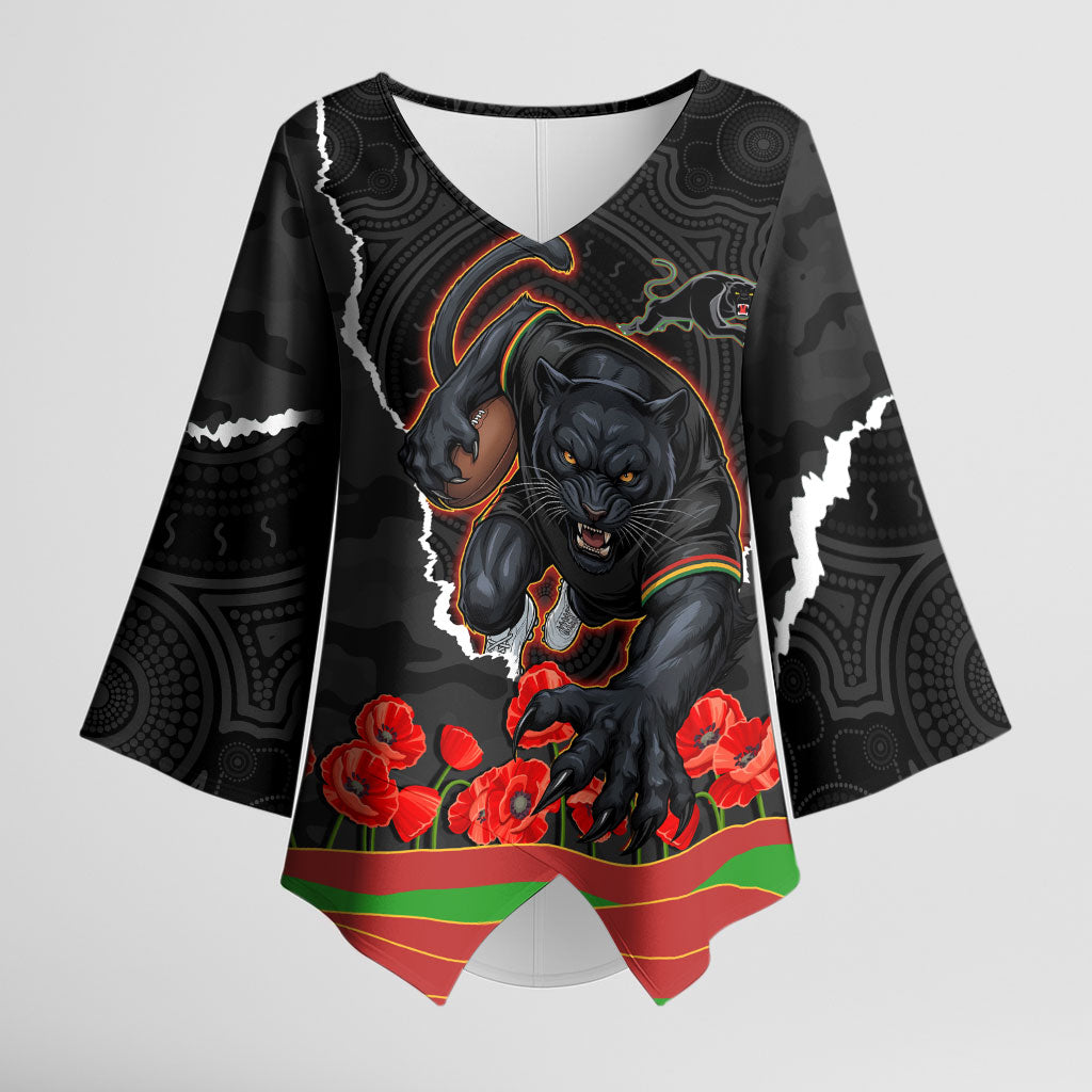 Personalized Penrith Panthers ANZAC Tribute Kimono Sleeve Blouse Poppy Field Soldier Silhouette Aboriginal Rugby Mascot